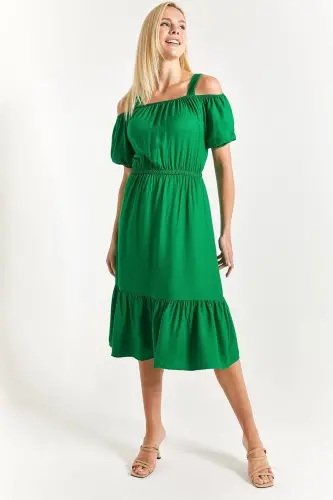 Kadın Koyu Yeşil Beli Lastikli Askılı Elbise Arm-21k001214-Koyu Yeşil - ARMONIKA (1)