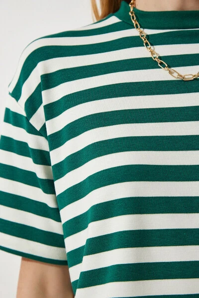 Kadın Koyu Yeşil Bisiklet Yaka Çizgili Crop Örme T-Shirt CR00427-Koyu Yeşil - 5