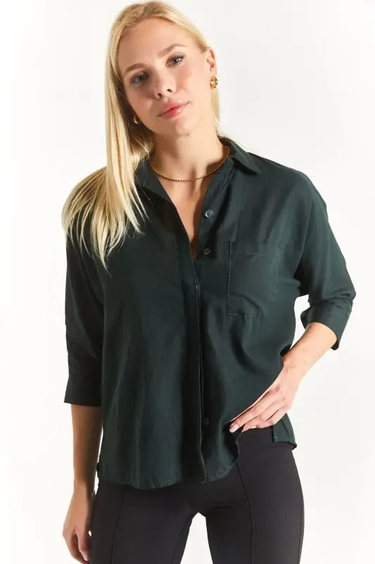 Kadın Koyu Yeşil Cepli Salaş Keten Gömlek Arm-21y001035-Koyu Yeşil - 2