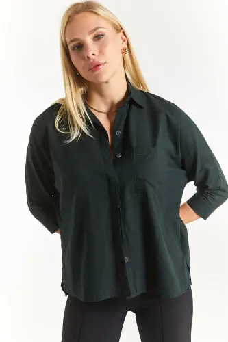 Kadın Koyu Yeşil Cepli Salaş Keten Gömlek Arm-21y001035-Koyu Yeşil - 3