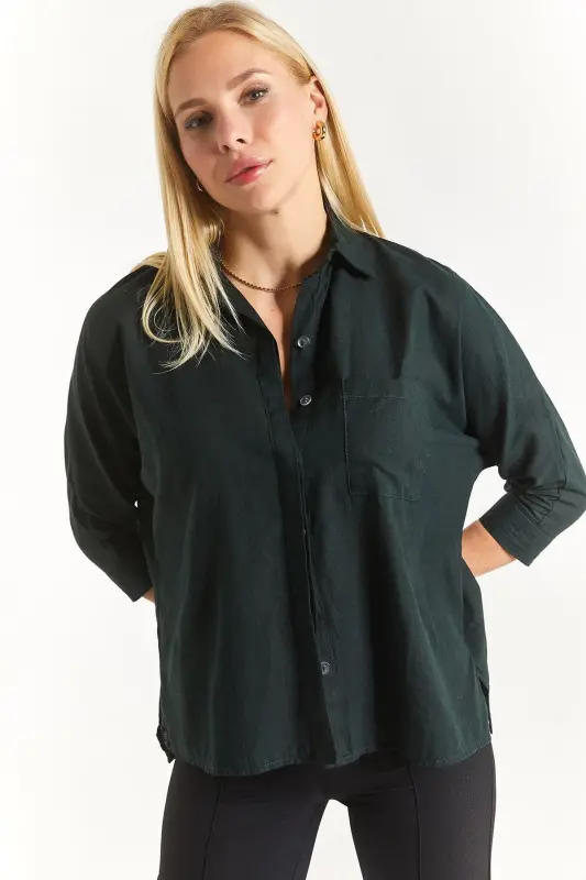 Kadın Koyu Yeşil Cepli Salaş Keten Gömlek Arm-21y001035-Koyu Yeşil - 3