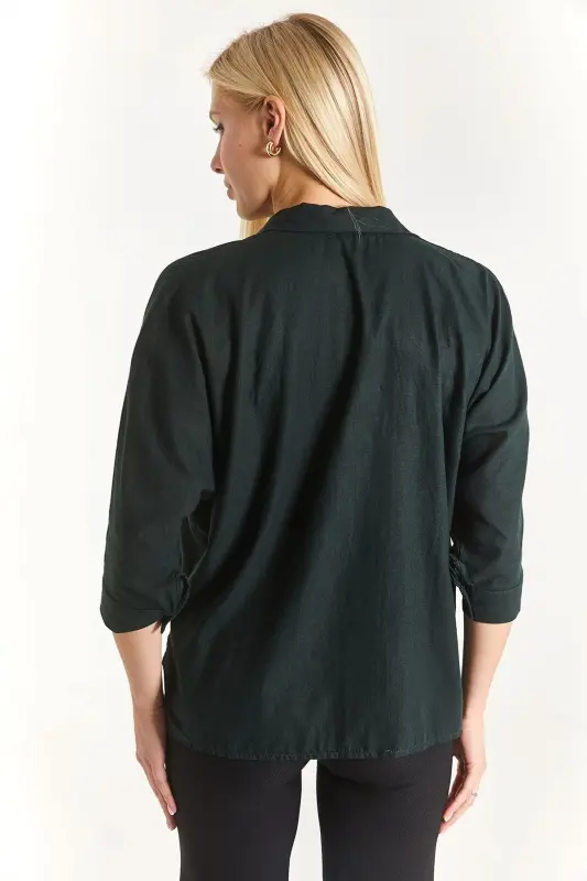 Kadın Koyu Yeşil Cepli Salaş Keten Gömlek Arm-21y001035-Koyu Yeşil - 4