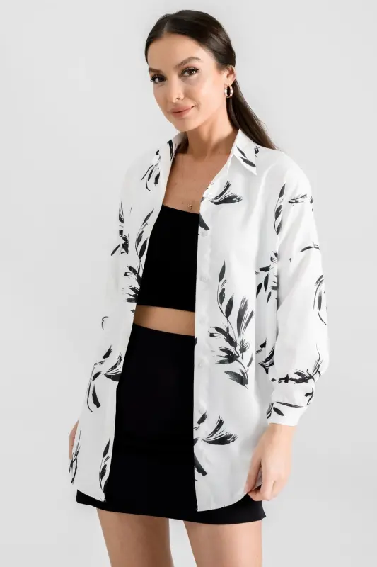 Kadın Koyu Yeşil Desenli Oversize Uzun Basic Gömlek-Koyu Yeşil - ARMONIKA