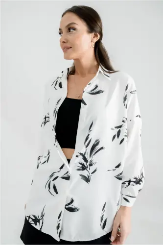 Kadın Koyu Yeşil Desenli Oversize Uzun Basic Gömlek-Koyu Yeşil - 2