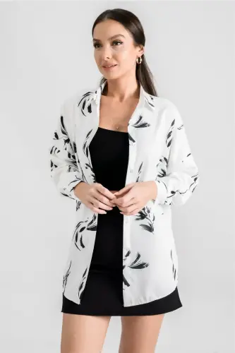 Kadın Koyu Yeşil Desenli Oversize Uzun Basic Gömlek-Koyu Yeşil - 3