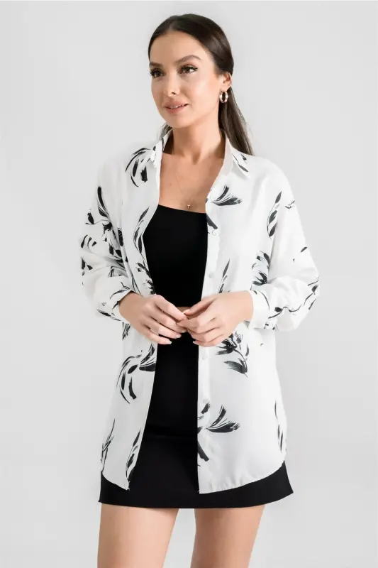 Kadın Koyu Yeşil Desenli Oversize Uzun Basic Gömlek-Koyu Yeşil - 3