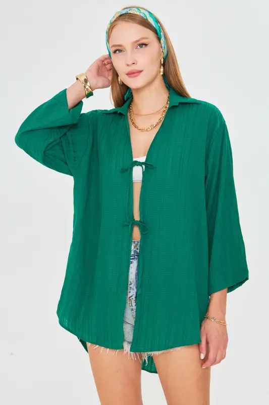 Kadın Koyu Yeşil Gömlek Yakalı Önden Bağcıklı Kimono Gömlek ARM-25K001006-Koyu Yeşil - ARMONIKA