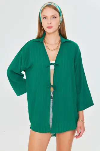 Kadın Koyu Yeşil Gömlek Yakalı Önden Bağcıklı Kimono Gömlek ARM-25K001006-Koyu Yeşil - 3