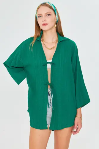 Kadın Koyu Yeşil Gömlek Yakalı Önden Bağcıklı Kimono Gömlek ARM-25K001006-Koyu Yeşil - 4