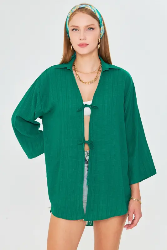 Kadın Koyu Yeşil Gömlek Yakalı Önden Bağcıklı Kimono Gömlek ARM-25K001006-Koyu Yeşil - 3