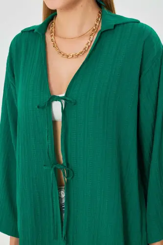 Kadın Koyu Yeşil Gömlek Yakalı Önden Bağcıklı Kimono Gömlek ARM-25K001006-Koyu Yeşil - ARMONIKA (1)