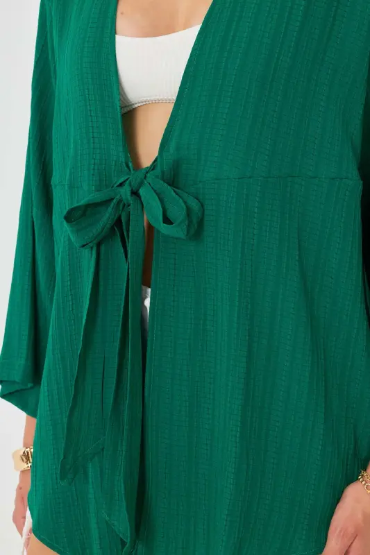 Kadın Koyu Yeşil Kendinden Çizgili Önden Bağlamalı Kimono Gömlek ARM-24Y001101-Koyu Yeşil - 2