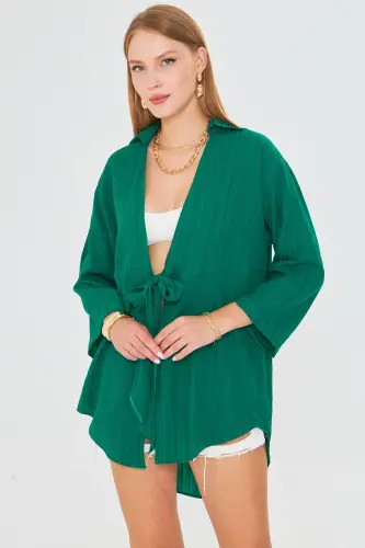 Kadın Koyu Yeşil Kendinden Çizgili Önden Bağlamalı Kimono Gömlek ARM-24Y001101-Koyu Yeşil - 3