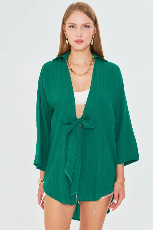 Kadın Koyu Yeşil Kendinden Çizgili Önden Bağlamalı Kimono Gömlek ARM-24Y001101-Koyu Yeşil - 1