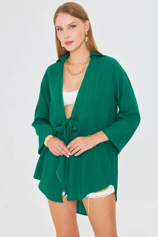 Kadın Koyu Yeşil Kendinden Çizgili Önden Bağlamalı Kimono Gömlek ARM-24Y001101-Koyu Yeşil - 3