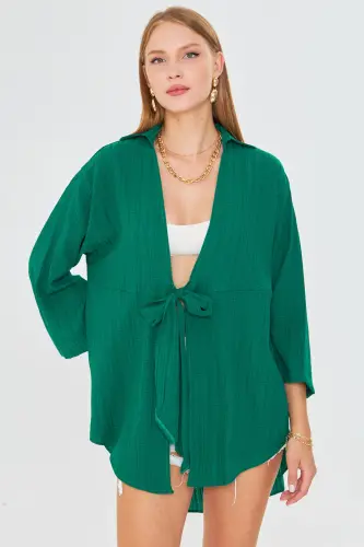 Kadın Koyu Yeşil Kendinden Çizgili Önden Bağlamalı Kimono Gömlek ARM-24Y001101-Koyu Yeşil - 4