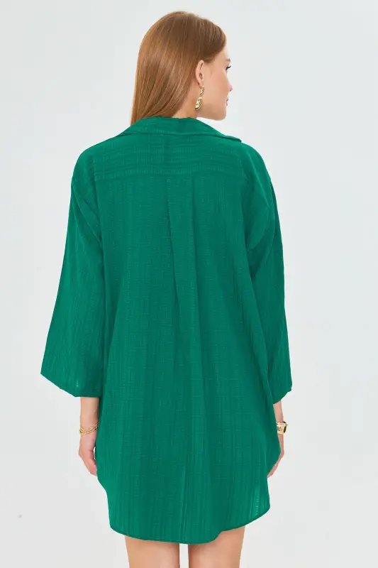 Kadın Koyu Yeşil Kendinden Çizgili Önden Bağlamalı Kimono Gömlek ARM-24Y001101-Koyu Yeşil - 5