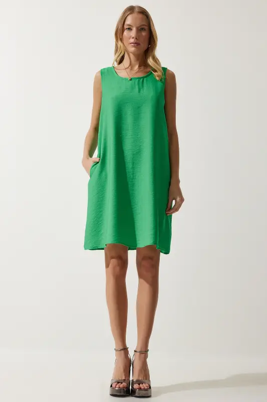 Kadın Koyu Yeşil Kolsuz Keten Viskon Çan Elbise JH00005-Koyu Yeşil - 2