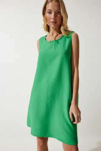 Kadın Koyu Yeşil Kolsuz Keten Viskon Çan Elbise JH00005-Koyu Yeşil - 3