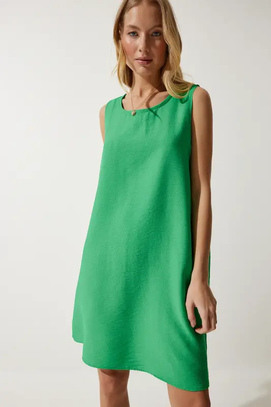 Kadın Koyu Yeşil Kolsuz Keten Viskon Çan Elbise JH00005-Koyu Yeşil - 3