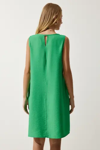 Kadın Koyu Yeşil Kolsuz Keten Viskon Çan Elbise JH00005-Koyu Yeşil - 5