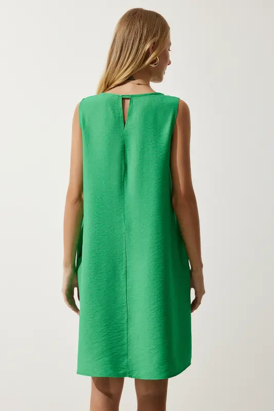 Kadın Koyu Yeşil Kolsuz Keten Viskon Çan Elbise JH00005-Koyu Yeşil - 5