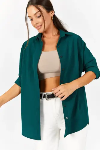 Kadın Koyu Yeşil Oversize Uzun Basic Gömlek ARM-22Y001118 - Koyu Yeşil - 2