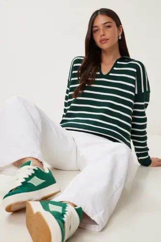 Kadın Koyu Yeşil Polo Yaka Crop Triko Kazak US00293 - Koyu Yeşil 