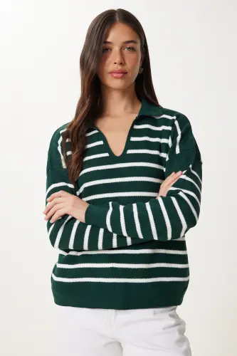Dunkelgrünes Damen-Sweatshirt mit Polokragen und kurzem Strick, US00293 - Dunkelgrün - HAPPINESS İSTANBUL (1)