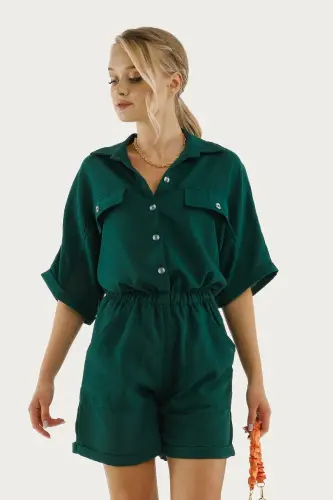 Kadın Koyu Yeşil Yarasa Kol Cepli Beli Lastikli Şortlu Tulum-Koyu Yeşil - ARMONIKA (1)