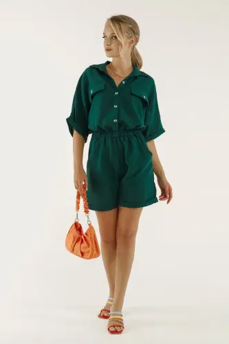 Kadın Koyu Yeşil Yarasa Kol Cepli Beli Lastikli Şortlu Tulum-Koyu Yeşil 