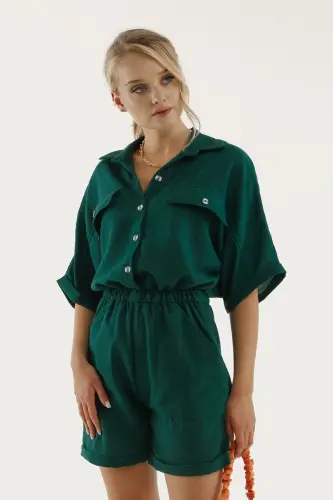 Kadın Koyu Yeşil Yarasa Kol Cepli Beli Lastikli Şortlu Tulum-Koyu Yeşil - 3