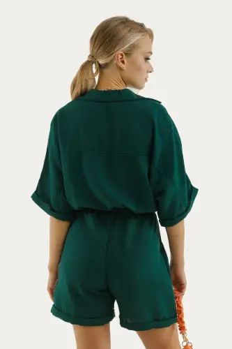 Kadın Koyu Yeşil Yarasa Kol Cepli Beli Lastikli Şortlu Tulum-Koyu Yeşil - 4