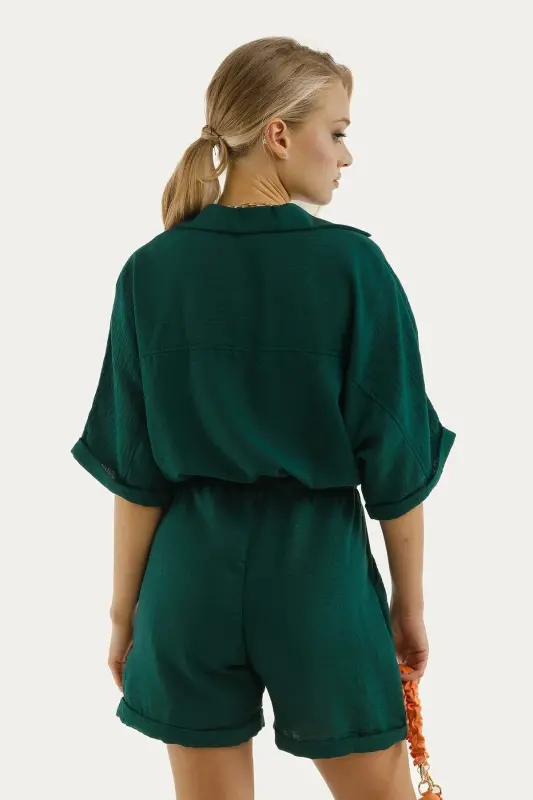 Kadın Koyu Yeşil Yarasa Kol Cepli Beli Lastikli Şortlu Tulum-Koyu Yeşil - 4