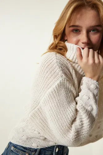 Kadın Krem Balıkçı Yaka Dokulu Mevsimlik Triko Kazak MW00133-Krem - 4