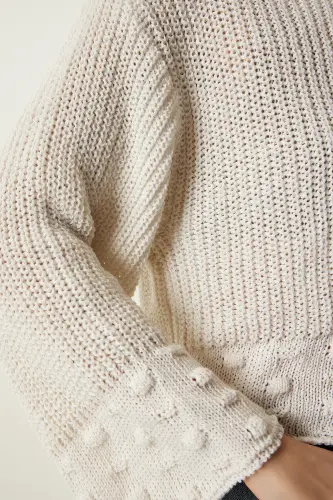 Kadın Krem Balıkçı Yaka Dokulu Mevsimlik Triko Kazak MW00133-Krem - 5