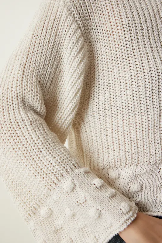 Kadın Krem Balıkçı Yaka Dokulu Mevsimlik Triko Kazak MW00133-Krem - 5