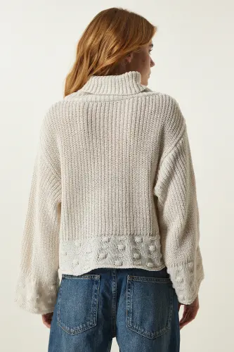 Kadın Krem Balıkçı Yaka Dokulu Mevsimlik Triko Kazak MW00133-Krem - 6