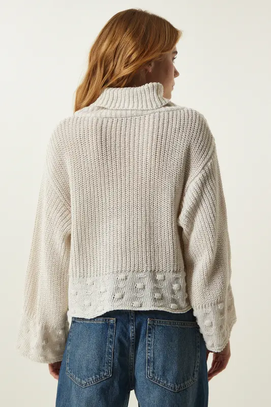 Kadın Krem Balıkçı Yaka Dokulu Mevsimlik Triko Kazak MW00133-Krem - 6