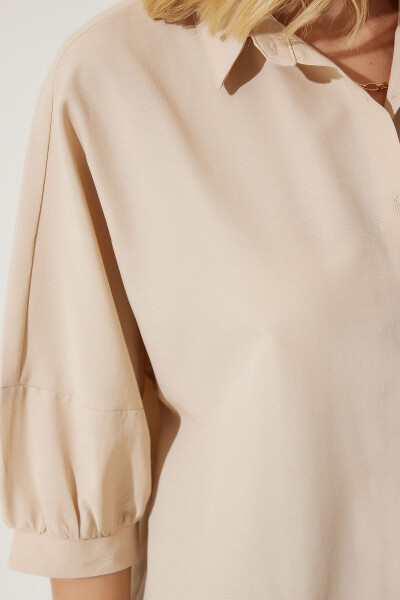 Kadın Krem Balon Kollu Poplin Gömlek DD01308-Krem - 5