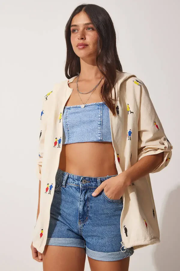 Kadın Krem Baskılı Kapüşonlu Ham Keten Ceket SA00014-Krem - 6