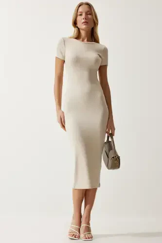 Kadın Krem Bisiklet Yaka Saran Fitilli Örme Elbise UB00241-Krem - Modazone (1)