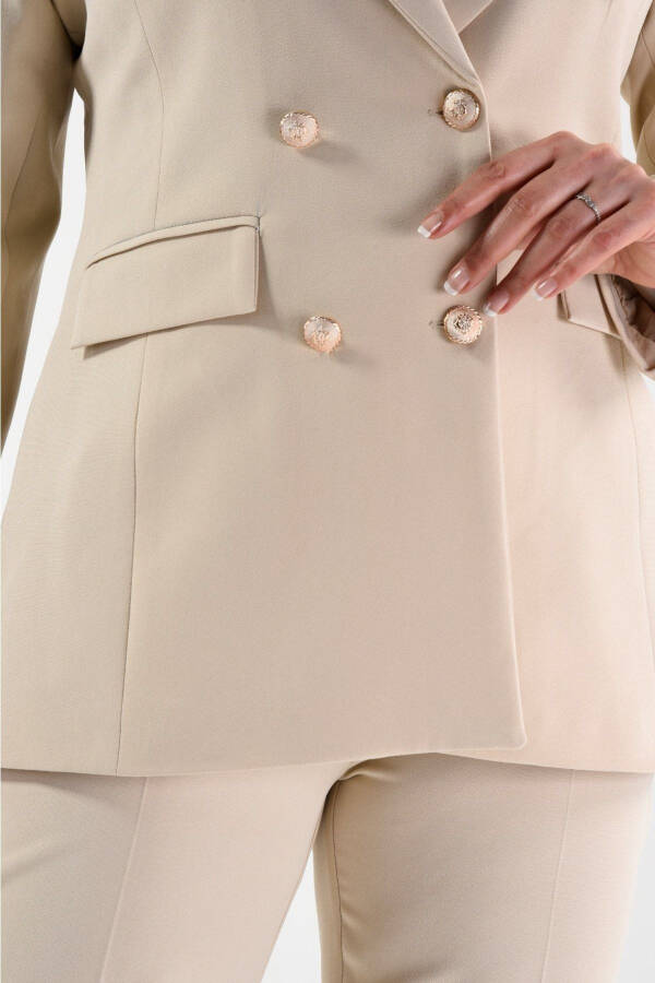 Kadın Krem Blazer Ceket Kemerli Cepli Boru Paça Pantolon Büyük Beden Takım Elbise-Krem - 5