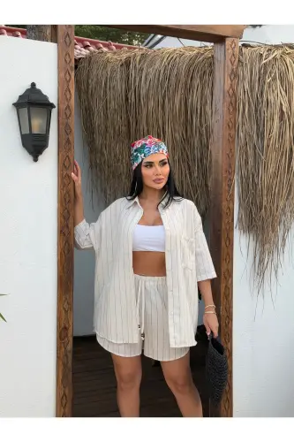 Kadın Krem Çizgili Keten Kumaş Oversize Gömlek Şort Takımı - Yeşil Çizgili - 3