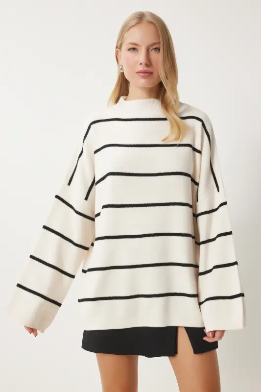 Kadın Krem Çizgili Oversize Uzun Triko Kazak YY00087 - Krem - 2