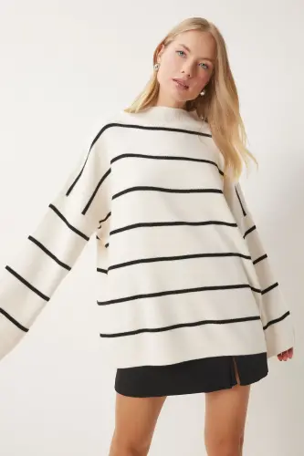 Kadın Krem Çizgili Oversize Uzun Triko Kazak YY00087 - Krem - 3