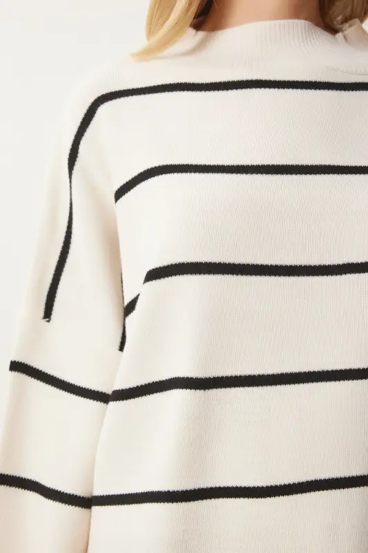 Kadın Krem Çizgili Oversize Uzun Triko Kazak YY00087 - Krem - 5