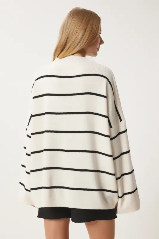 Kadın Krem Çizgili Oversize Uzun Triko Kazak YY00087 - Krem - 6