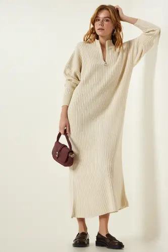 Kadın Krem Fitilli Oversize Triko Elbise DD01251-Krem - HAPPINESS İSTANBUL (1)