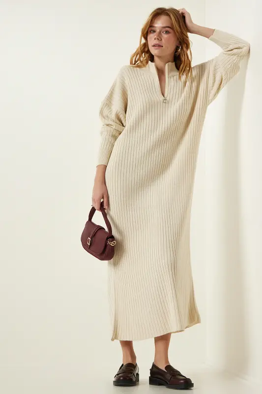 Kadın Krem Fitilli Oversize Triko Elbise DD01251-Krem - 2